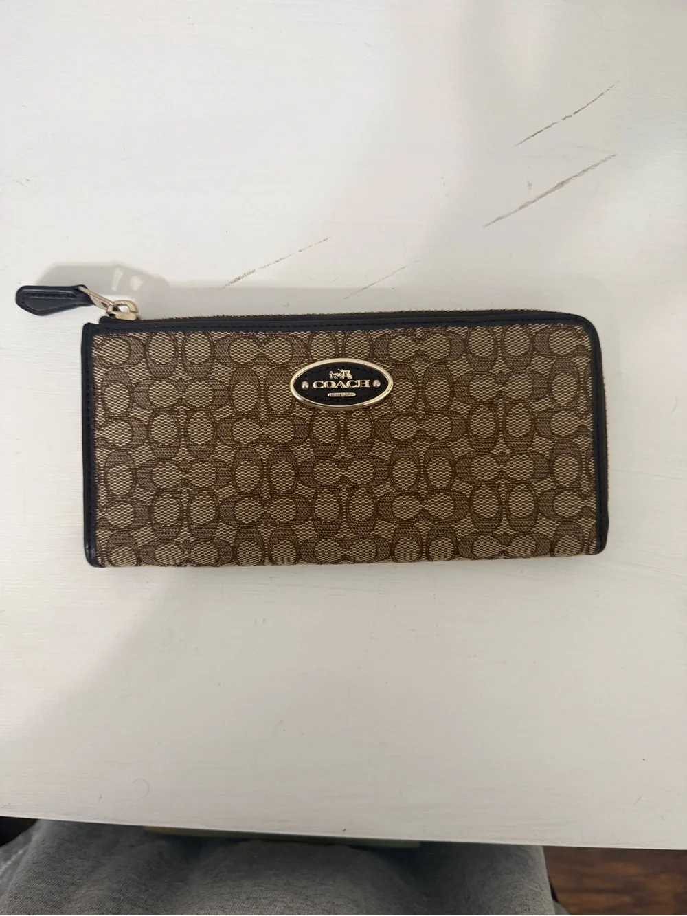 Coach Zip Wallet in Brown Signature Canvas with Black Trim